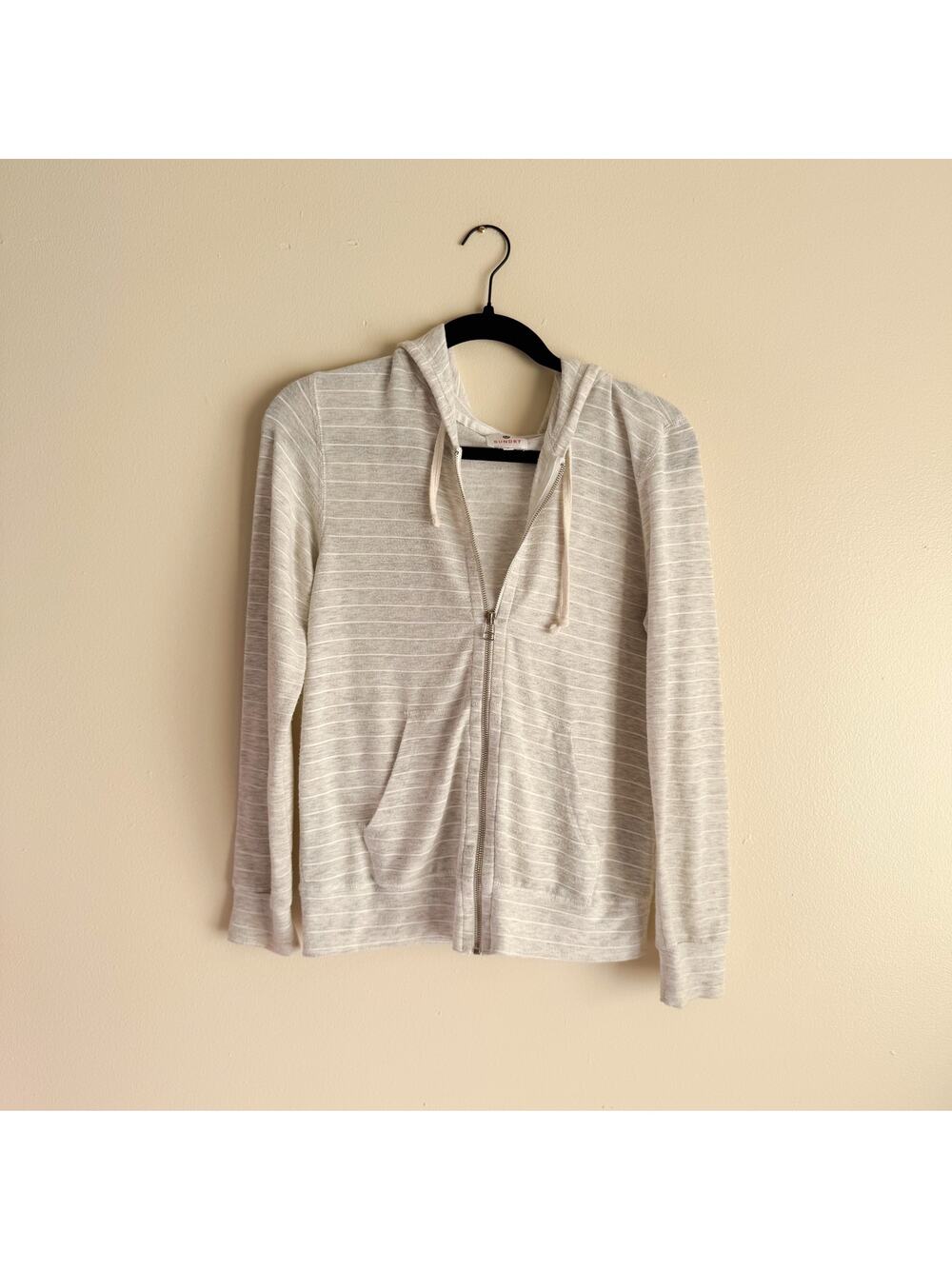 Sundry Grey + White Stripe Full Zip Hooded Lightweight Sweatshirt - Size 0 or XS